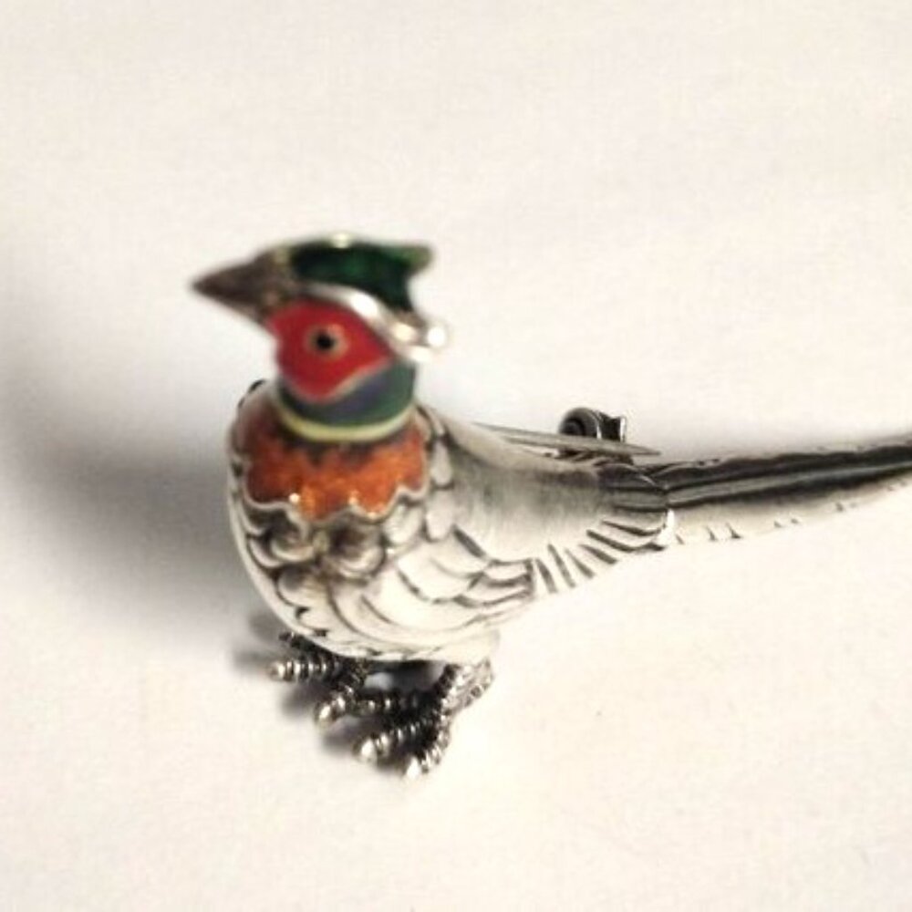 ❤️Rare SATURNO ITALY Brooch / Pin Sterling & Enamel Pheasant Signed